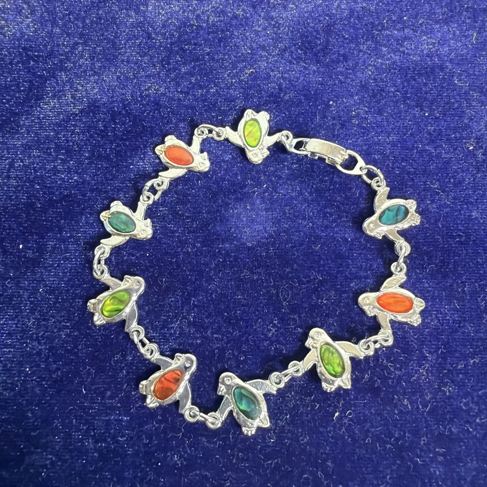 Vintage Silver Tone Penguin Abalone Inlay Link Bracelet 8" Pearl Bird